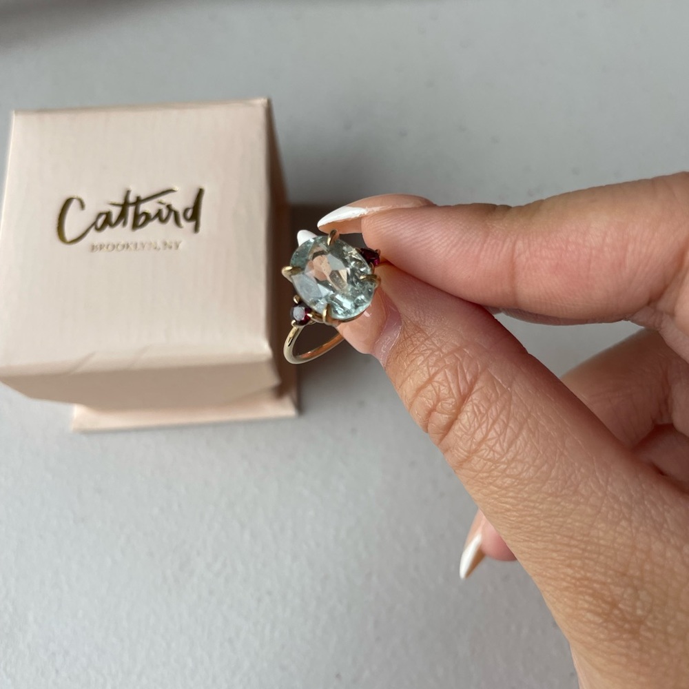 Catbird Mrs. Randolph ring size 8
14K YG w/ 3 carat aquamarine stone and garnet